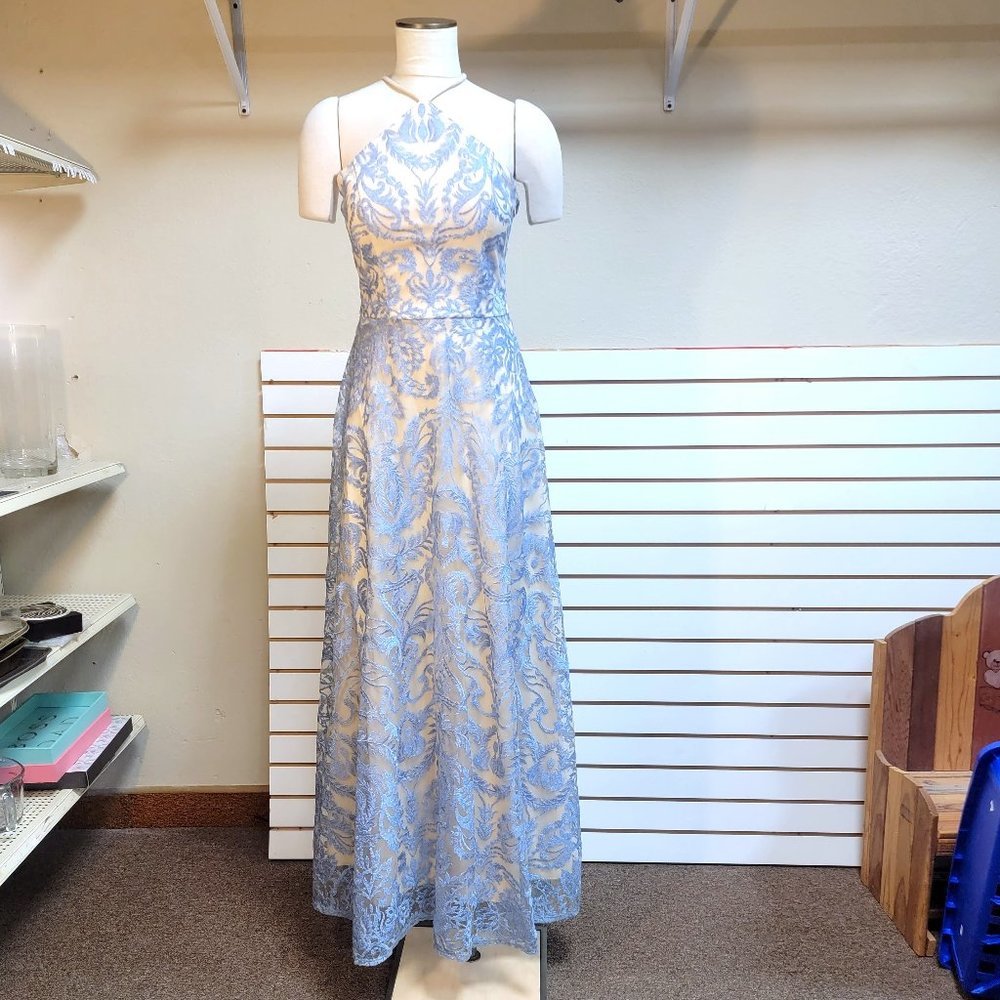 Speechless Pearl GALA -  Strappy-Back Long Sparkle Lace Blue Prom Dress 11